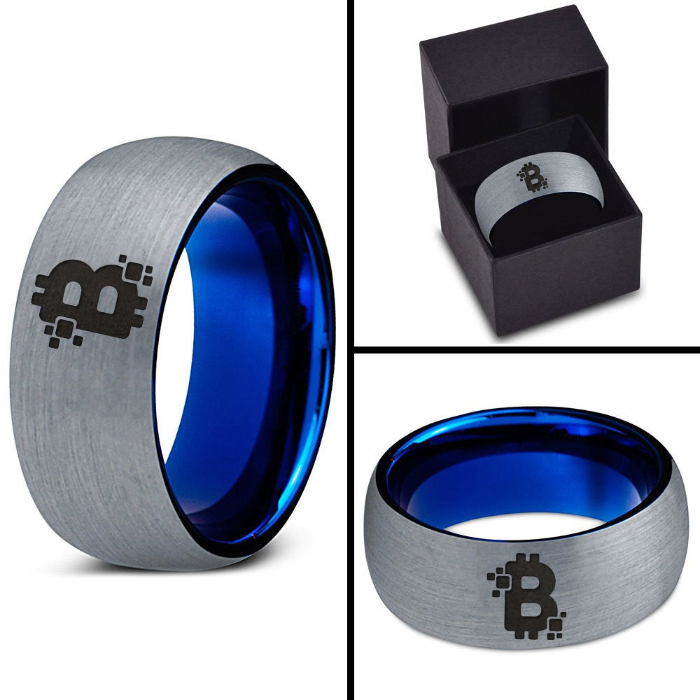 Cryptocurrency Bitcoin Ring - Dome Mens Wedding Band - Cute Tungsten Ring - Silver Blue Ring - Top Engraved Ring - Best Birthday Gifts Idea