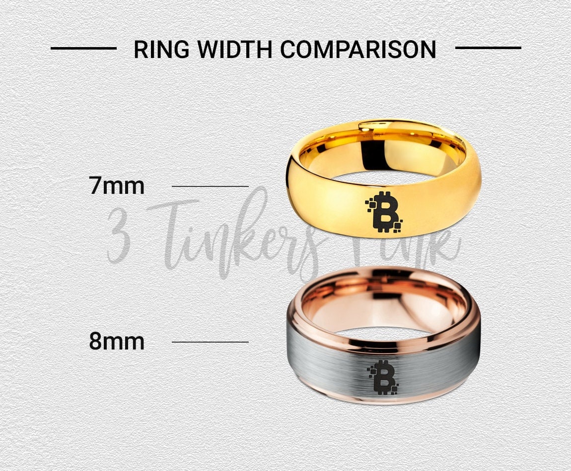 Cryptocurrency Bitcoin Ring - Dome Mens Wedding Band - Cute Tungsten Ring - Silver Blue Ring - Top Engraved Ring - Best Birthday Gifts Idea