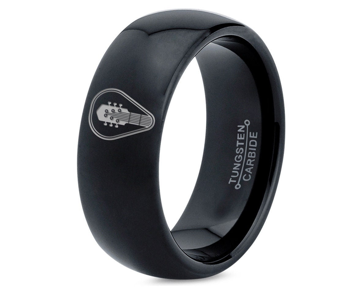 Mens Electric Guitar Ring, Pick Wedding Band, Black Dome Tungsten Ring, Polished Tungsten Ring, Promise Rings For Her, Women Gifts Sets