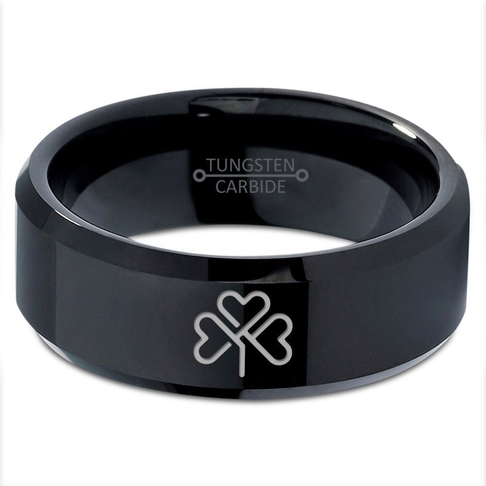 Lucky Shamrock Leaf Ring - Heart Love Ring - Women Wedding Ring - Black Tungsten Carbide Rings For Men - Women Rings - Girlfriend Gift Ideas