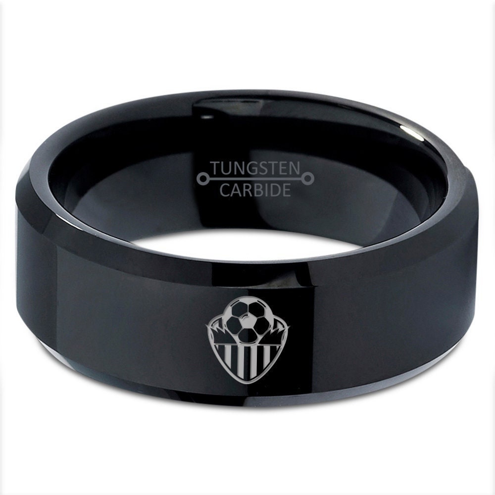 Soccer Football Ring, Sticker Badge Ring, Black Wedding Band, Bevel Polished Tungsten Rings, His and Her Ring, Gifts For Football Player