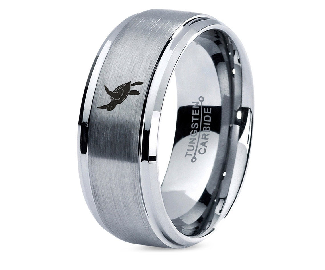 Flying Turtle Ring, Tungsten Ring, Ring For Mens, Her Wedding Band, Engraved Ring, Grey Engagement Band, 8 mm Silver Ring, Gift For Him