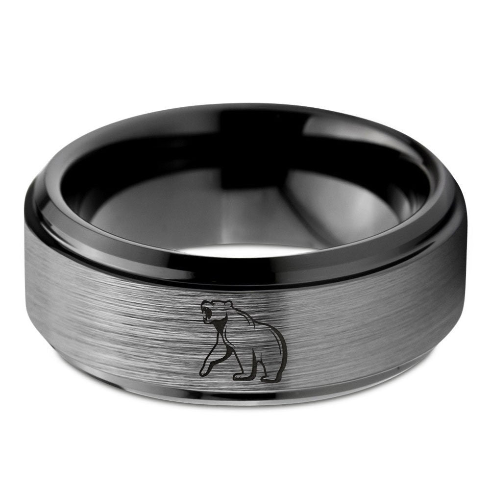 Bear Howling Ring - Mens Wedding Bands - Black Tungsten Ring - Step Bevel Silver Brushed Ring - Rings For Him - Anniversary Gifts - 8mm Ring