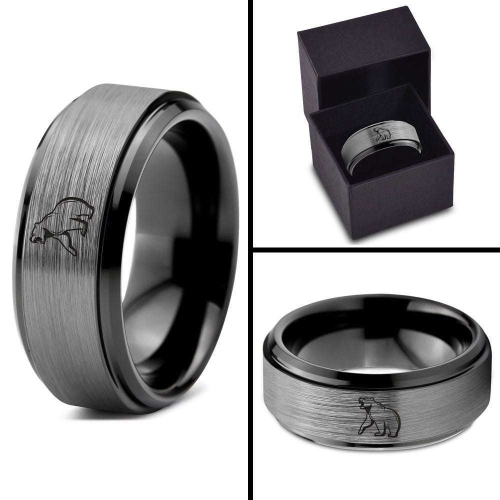 Bear Howling Ring - Mens Wedding Bands - Black Tungsten Ring - Step Bevel Silver Brushed Ring - Rings For Him - Anniversary Gifts - 8mm Ring