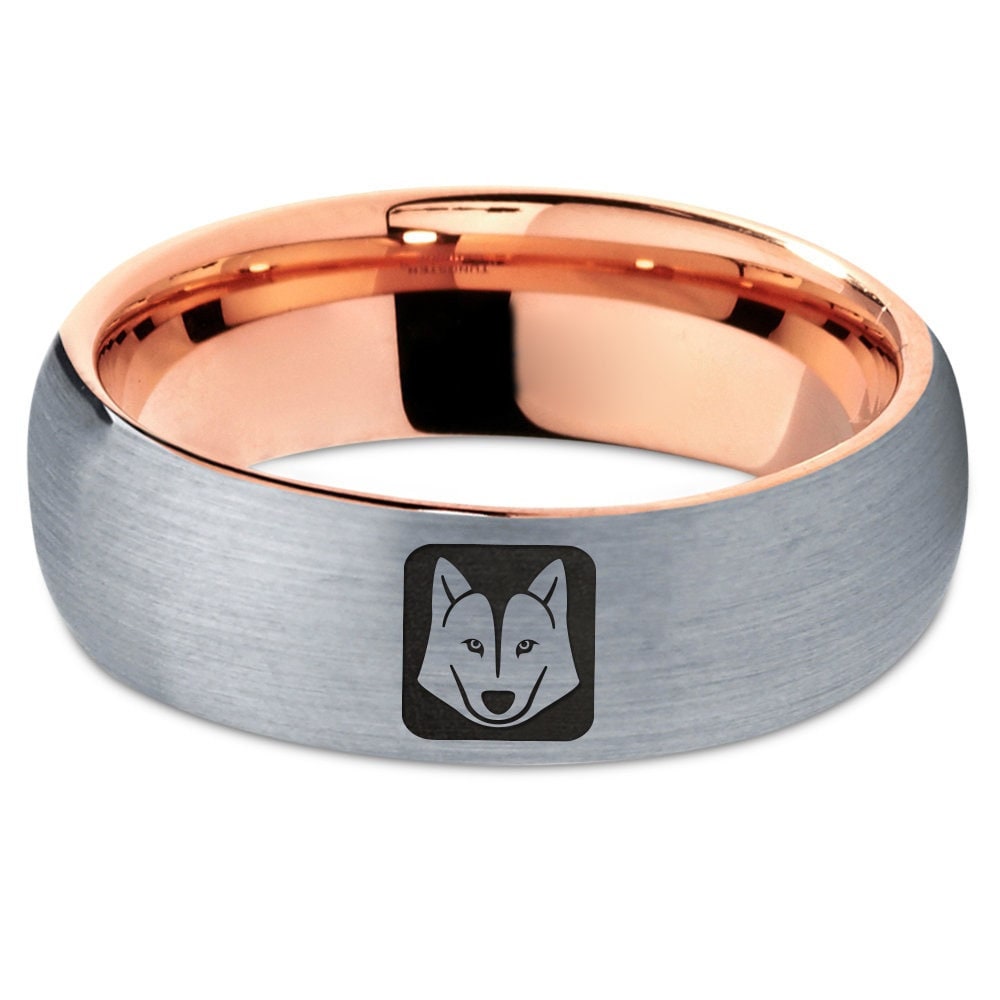 Wild Fox Head Face Shape Ring | 7mm Engraving Ring | Tungsten Wedding Band  | Brushed Grey and Rose Gold | Gift For Her | Comfort Fit