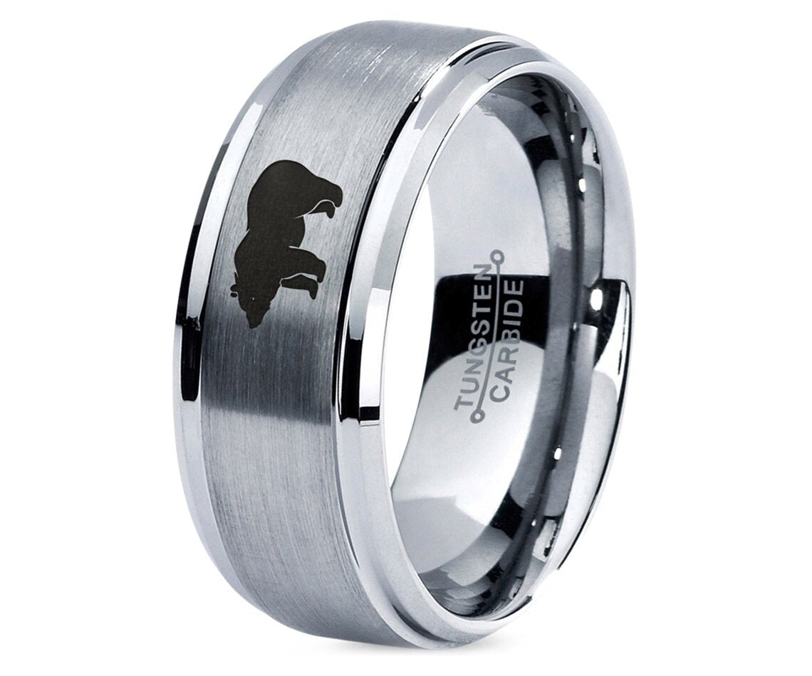 Wild Bear Carry Ring, Men Tungsten Wedding Band Silver, Tungsten Anniversary Rings, Animal Engraved Ring, Couples Ring, Gifts Sets Women