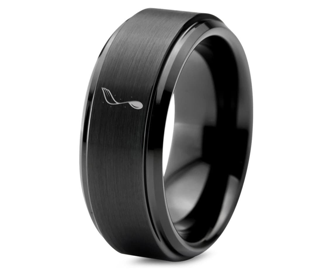 Winged Music Notation Ring, Wedding Band Mens Black, Step Bevel Ring, Tungsten Ring, Gifts For Him, Adjustable Couple Ring, 8mm Ring