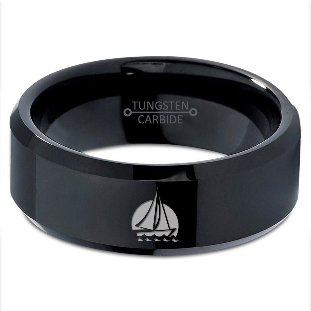 Nautical Sea Sailboat Ring - Black Wedding Band Mens - Engraved Wedding Ring - Gifts For Couple - Anniversary Gifts - Free Shipping