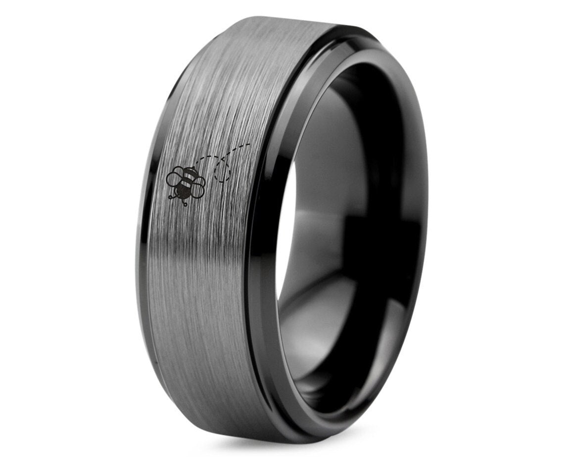 Bee Flying Ring, Tungsten Wedding Band, Tungsten Carbide Ring, Silver Black Wedding Ring, Engagement Gifts, Anniversary Gift For Girlfriend