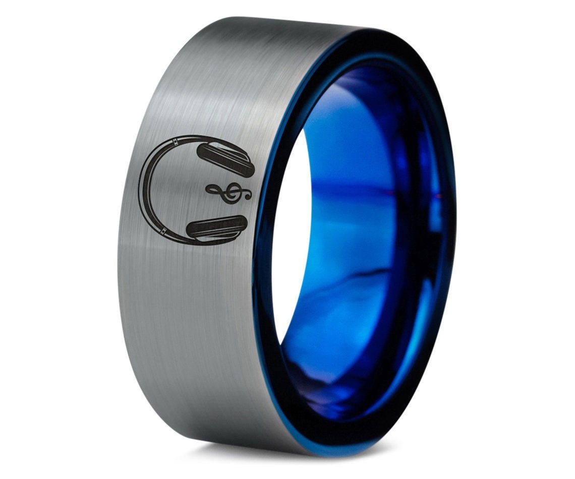 Musical Headphone Engraved Wedding Band Mens - Tungsten Band Silver - Blue Ring - Gifts For Couple - Anniversary Gifts - Ring For Musician