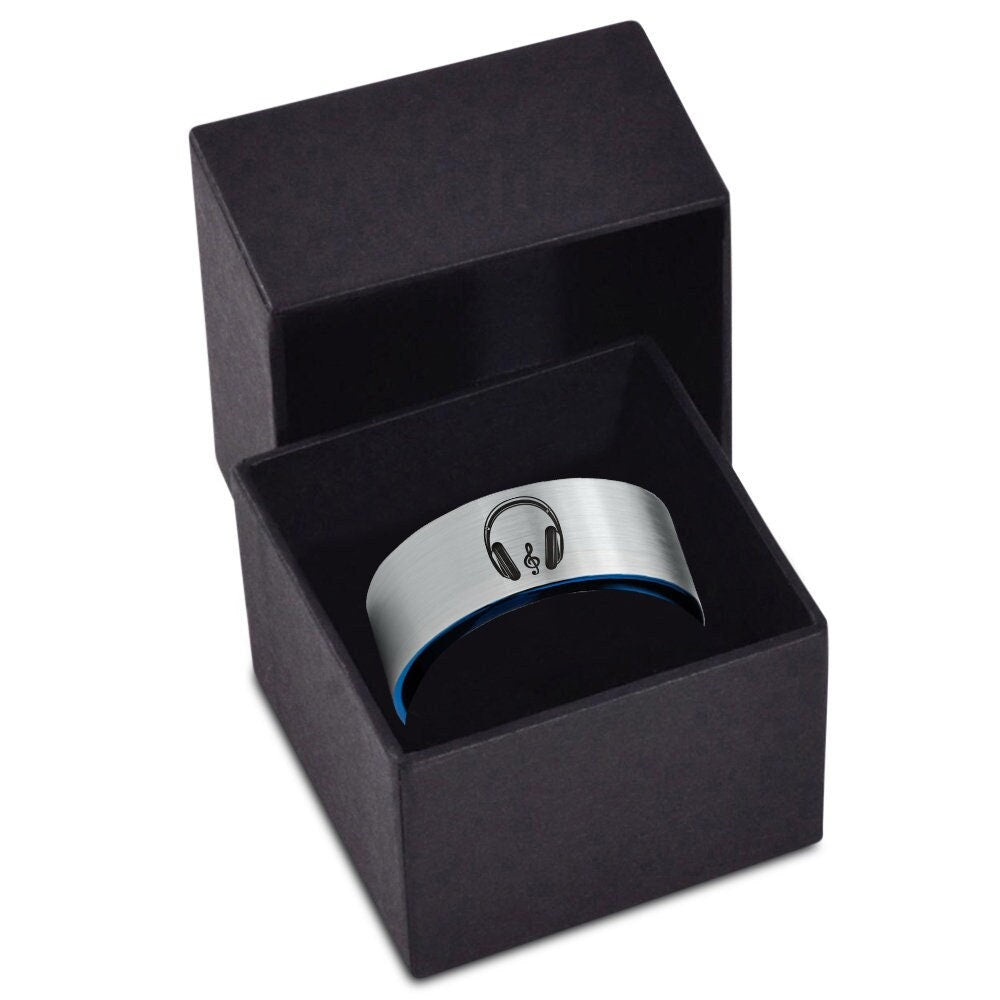 Musical Headphone Engraved Wedding Band Mens - Tungsten Band Silver - Blue Ring - Gifts For Couple - Anniversary Gifts - Ring For Musician