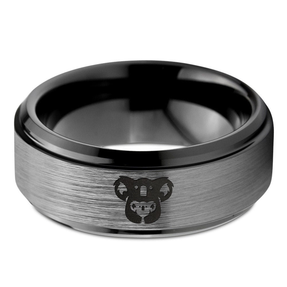 Koala Bear Wedding Band For Women - Mens Ring Tungsten Black - Silver Adjustable Rings - Unique Mom Gifts - 8mm Ring - Free Fast Shipping