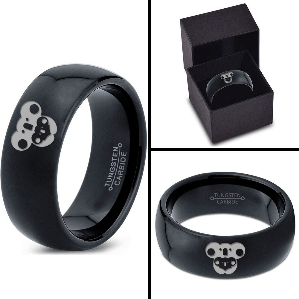 Laser Engraved Engraved Koala Cub Ring | One and Only Tungsten Band | Dome Polished Black Ring | Guys Engagement Rings |  His and Her Ring