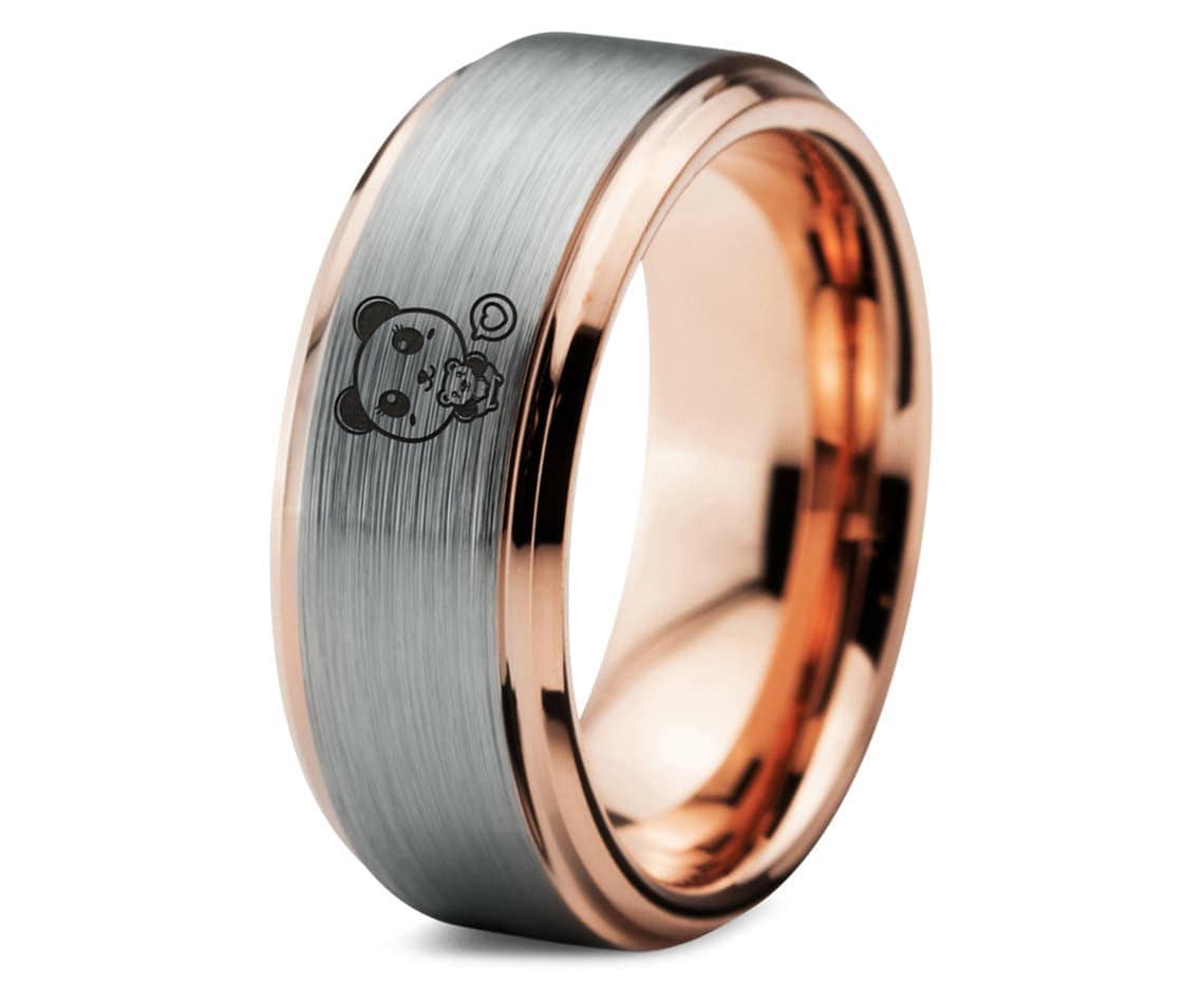 Cute Panda Cub Wedding Bands, Tungsten Carbide Rings For Men, Silver Gray Ring, Tungsten Rose Gold Ring, Gifts For Mom, Free Shipping