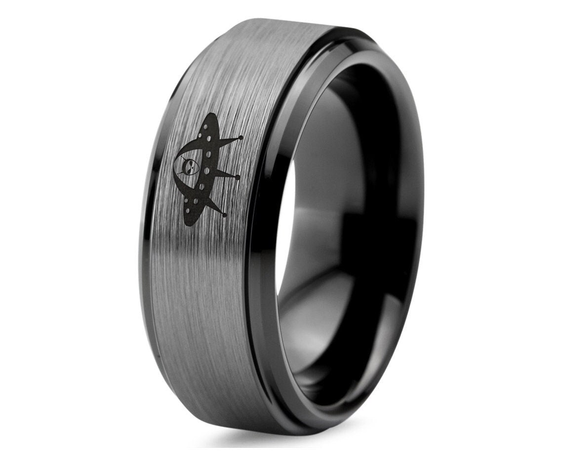 Alien Space Ship Ring,Ladies Wedding Bands,Tungsten Engraved Rings For Men,Black and Gray Ring,Couples Matching Rings,Gifts For Best Friend