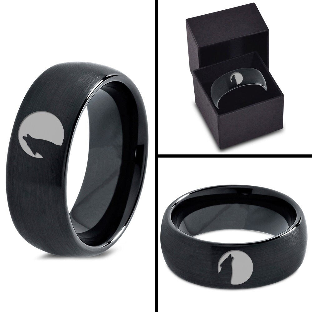 Engraved Moon With Wolf Howling Ring - Brushed Dome Wedding Band Black - Fancy Tungsten Ring - Mens Black Rings - Matching Rings For Couples