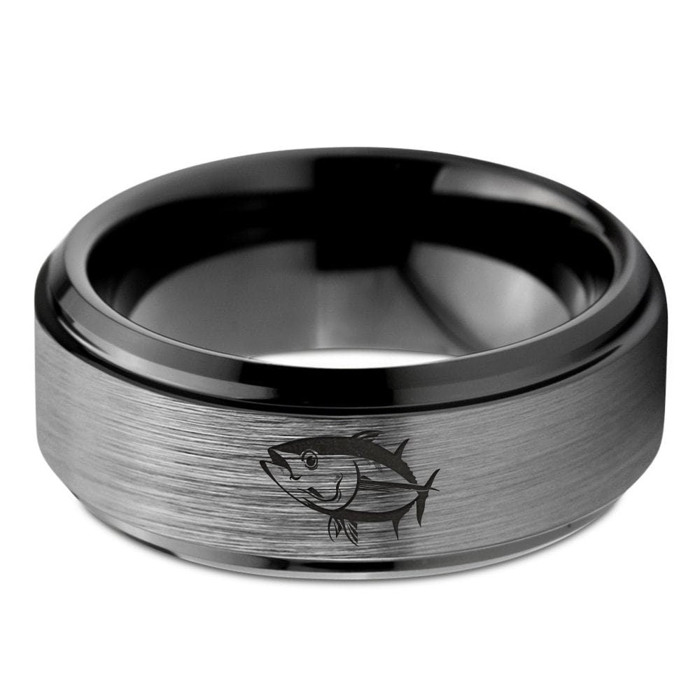 Sea Tuna Fishing Ring - Black Mens Wedding Band - 8mm Tungsten Rings For Women - Matching Promise Ring - Step Bevel Ring - Free Shipping