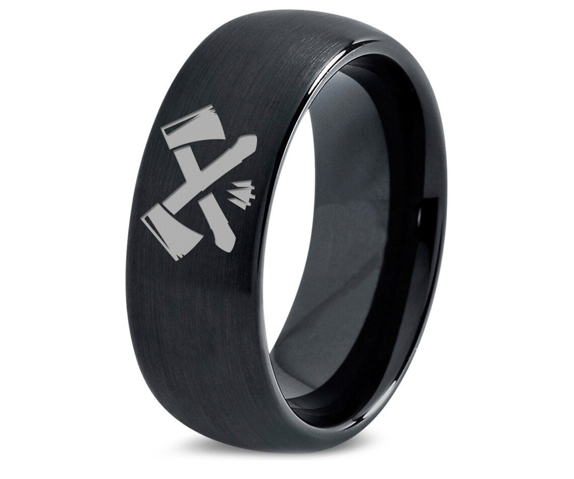 Woodman Axe Ring - Dome Wedding Ring Men - Black Tungsten Ring - Laser Marking Ring - Gift For Dad - Gifts For Woodman - Free Shipping