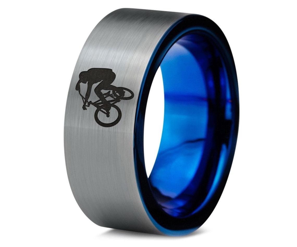 Men Bicycle Rider Ring,Jumping Bike Ring,Blue Ring,Wedding Band,Tungsten Engrave Rings For Men,Silver Wedding Band,Round Engagement Ring