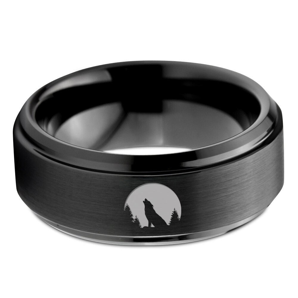 Forest Wolf Ring,Moon Night Ring,Mens Tungsten Wedding Ring,Lady Tungsten Ring,Commitment Rings For Couples,Gifts Sets,Free Shipping