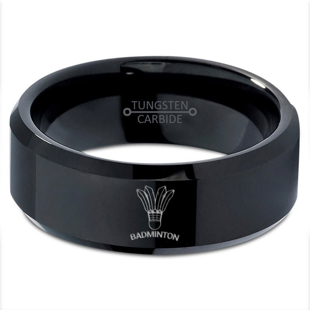 Badminton Typography Shuttlecock Ring | Ladies Wedding Band | Mens Ring Tungsten Black | Laser Engraved Ring | Ring For Badminton Player