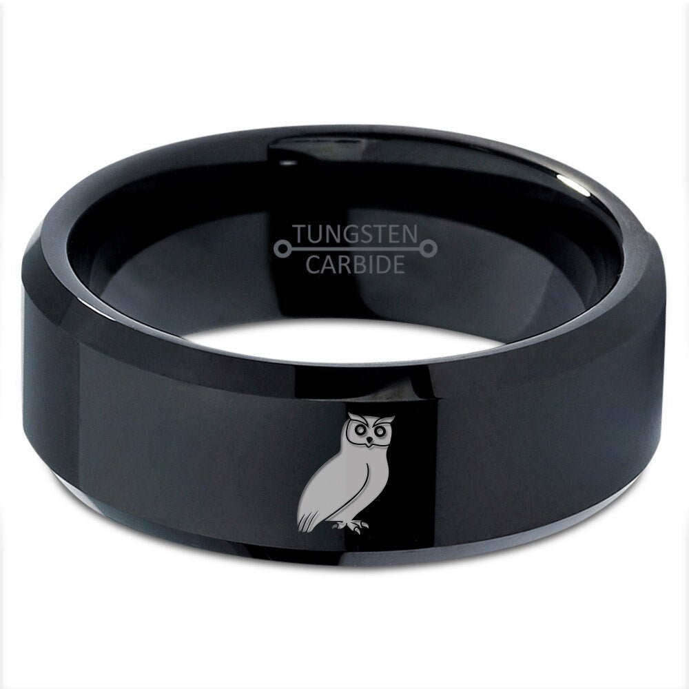 Laser Engraved Owl Bird Ring, Black Matching Wedding Bands, Bevel Tungsten Ring, Personalized Ring Men, 8mm Wedding Band, Sister Gift Ideas