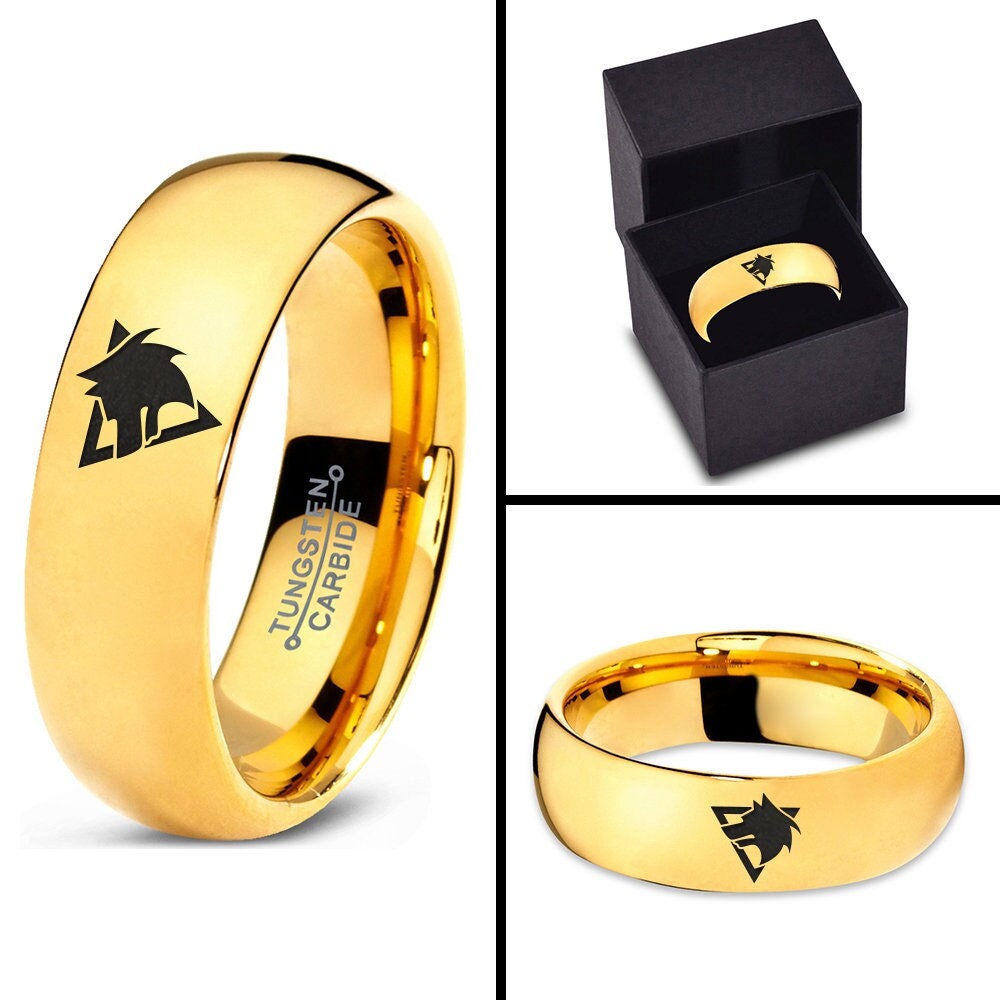 Triangle Fox Ring - Yellow Gold Wedding Ring Sets - Mens Ring Tungsten - Engraved Ring - Yellow Gold Rings For Women - 7mm Polished Ring