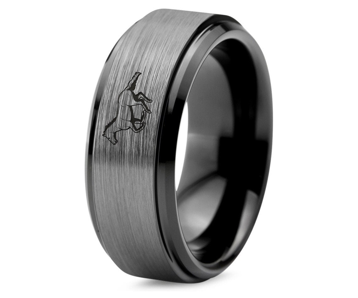 Race Horse Running Ring - Engagement Wedding Ring - Silver Tungsten Rings  - Ring Sets For Men - Black Tungsten Ring 8mm - Anniversary Gifts