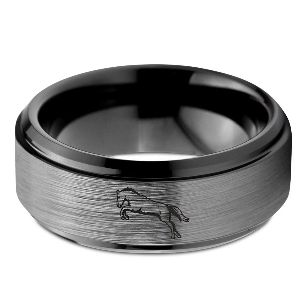 Race Horse Jumping Ring - Matching Wedding Rings - Tungsten Rings For Him - Black Jewelry For Womens - His and Her Ring - Free Shipping