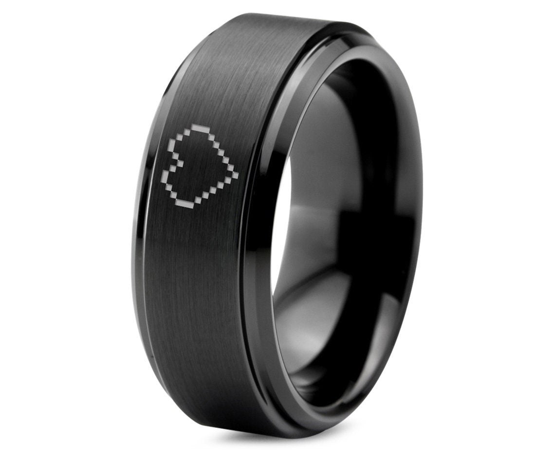 Pixelated Zelda Life Empty Heart Ring - Tungsten Wedding Bands Women - Mens Black Tungsten Ring - Personalized Rings - Gifts For Anniversary