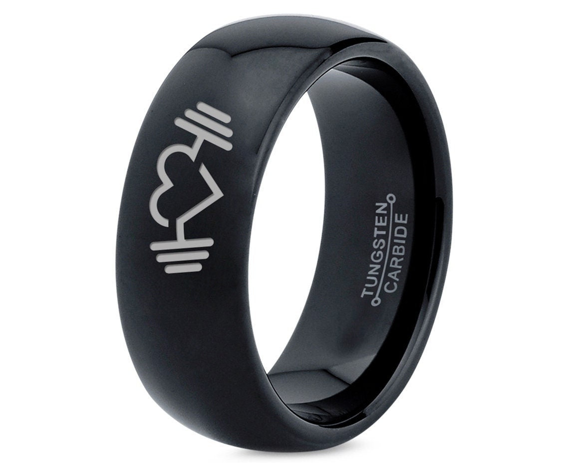 Ring For Muscle Builder | Dumbbell Heart Ring | Black Brushed Wedding Bands | Tungsten Rings For Men Women | Birthday Gifts For Boyfriend