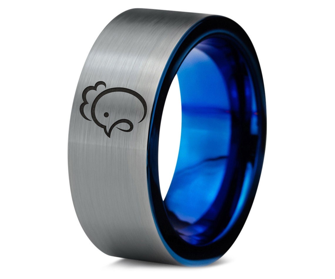 Animal Cock Chicken Ring, Male Wedding Band, Engraved Tungsten Carbide Ring, Silver Blue Ring, Unique Engagement Ring Set, Flat Cut Ring