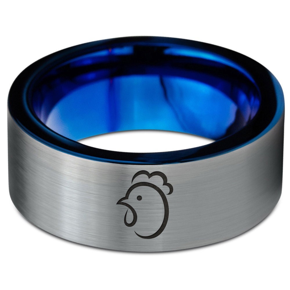 Animal Cock Chicken Ring, Male Wedding Band, Engraved Tungsten Carbide Ring, Silver Blue Ring, Unique Engagement Ring Set, Flat Cut Ring