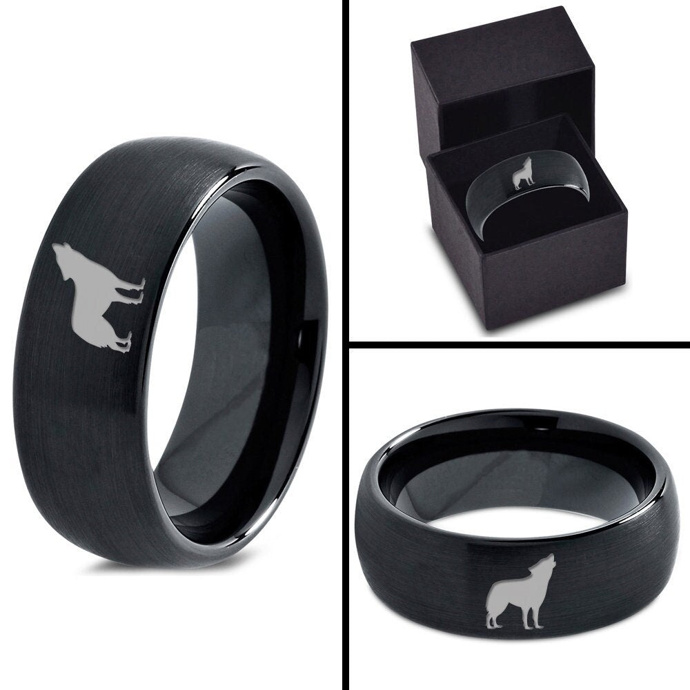 Wild Wolf Howling Face Ring | Minimalist Dome Black Ring | His and Hers Wedding Bands | Brushed Tungsten Ring 8mm | Unique Ring | Gifts