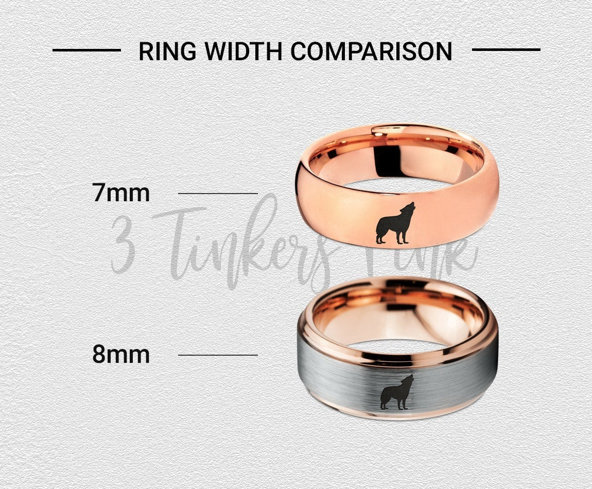 Wild Wolf Howling Face Ring | Minimalist Dome Black Ring | His and Hers Wedding Bands | Brushed Tungsten Ring 8mm | Unique Ring | Gifts