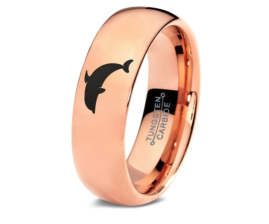 Sea Animal Dolphin Beluga Ring | Rose Gold Wedding Band | Dome Polished Tungsten Ring | 7mm | Women Rose Gold Ring | Wife Valentines Gifts