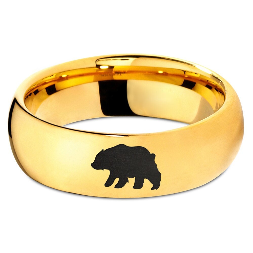 Animal Bear Ring - Couples Wedding Bands - Gold Tungsten Rings For Men - Domed Polished Ring - Anniversary Gifts - 8mm Ring - Free Shipping