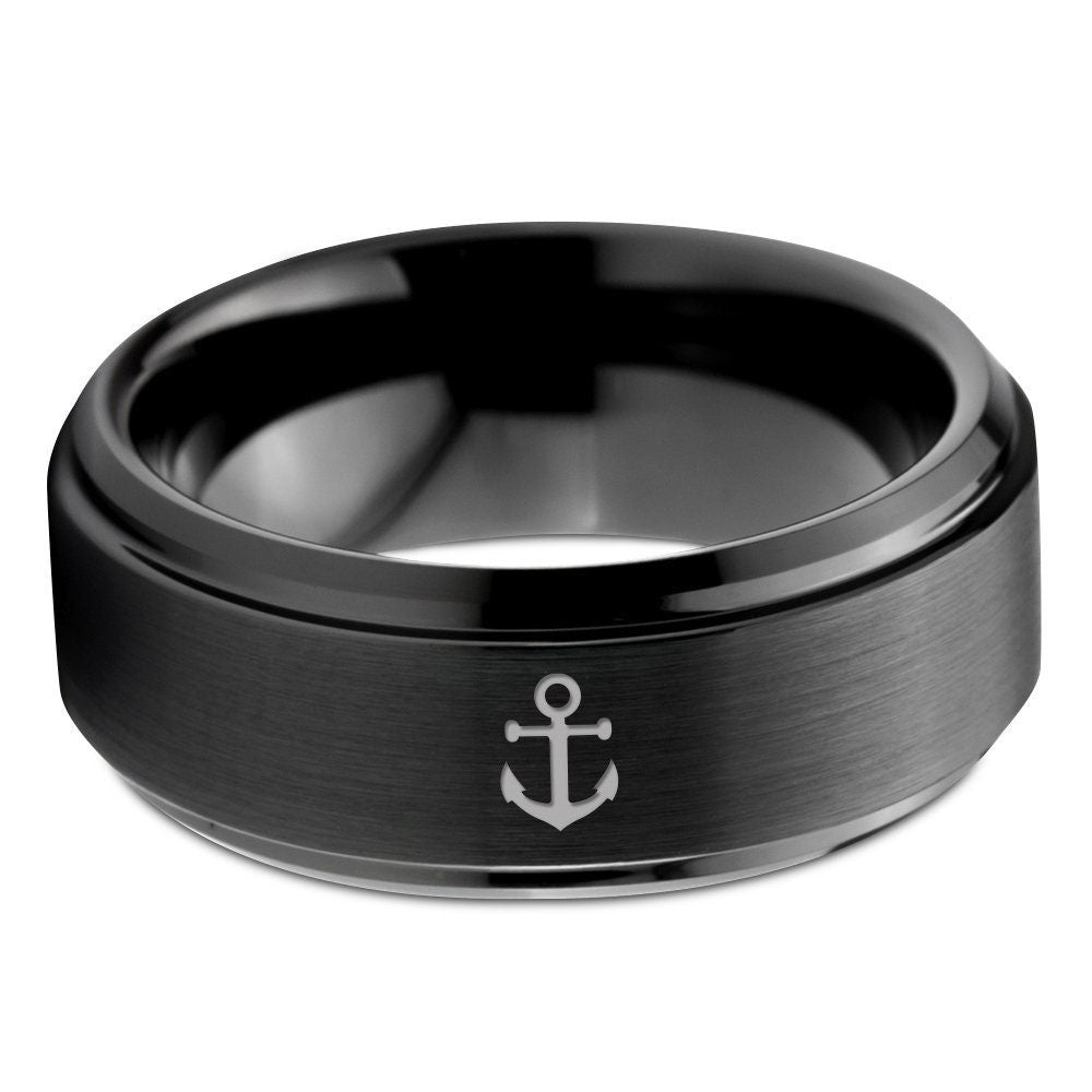 Sea Ocean Ship Ring, Anchor Shape Ring, Wedding Band Women, Tungsten Black Ring, His and Her Ring, Mens Wedding Ring, Free Shipping