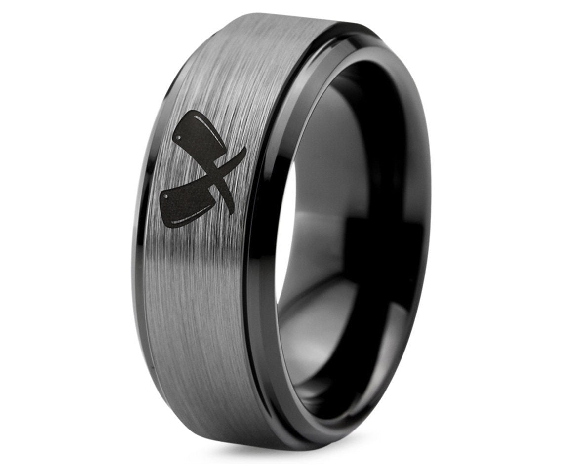 Butcher Knife Ring -  Ring For Butcher - Wedding Bands For Him And Her - Black Tungsten Rings For Men - Silver Brushed Ring - Free Shipping