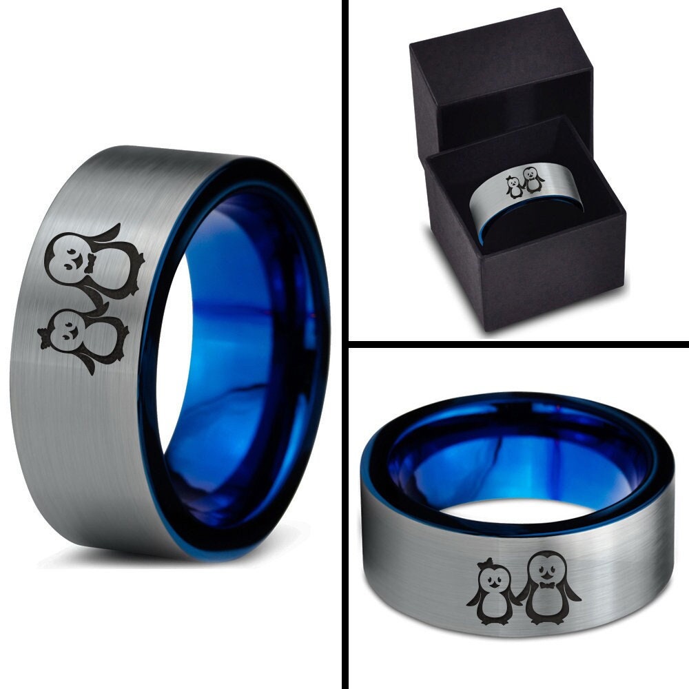 Cute Couple Penguin Ring | Man Wedding Band Blue | Tungsten Ring Sets For Couples | Silver Infinity Ring | Womens Rings | Valentine Day gift