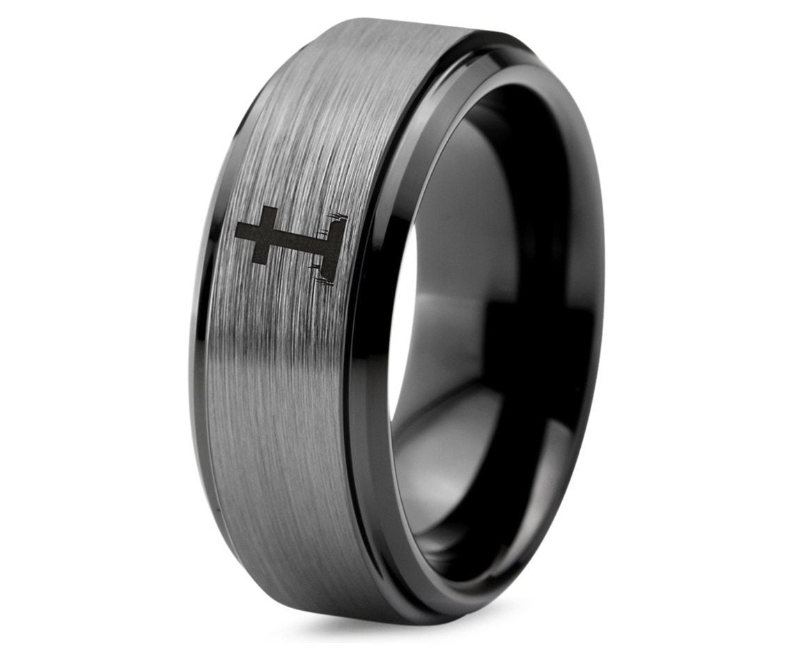 Delicate Cross Ring,Holy Cross Ring,Black Tungsten Carbide Ring,Mens Wedding Ring,Gray Tungsten Rings His and Hers,Customizable Ring