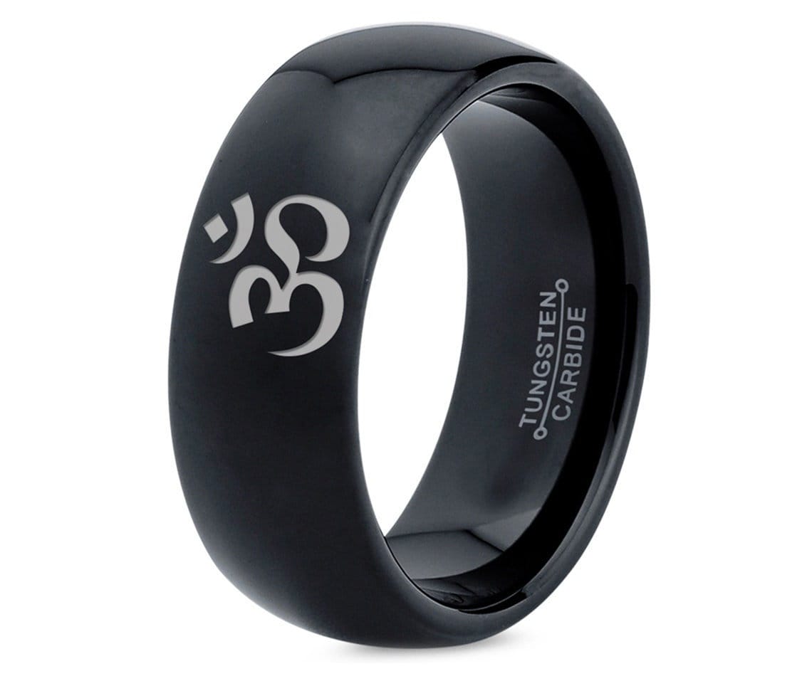 Religion Sign Hinduism Om Ring | Black Wedding Bands For Women | Mens Ring Tungsten Carbide | Black Ring 8mm | Gifts For Her | Free Shipping