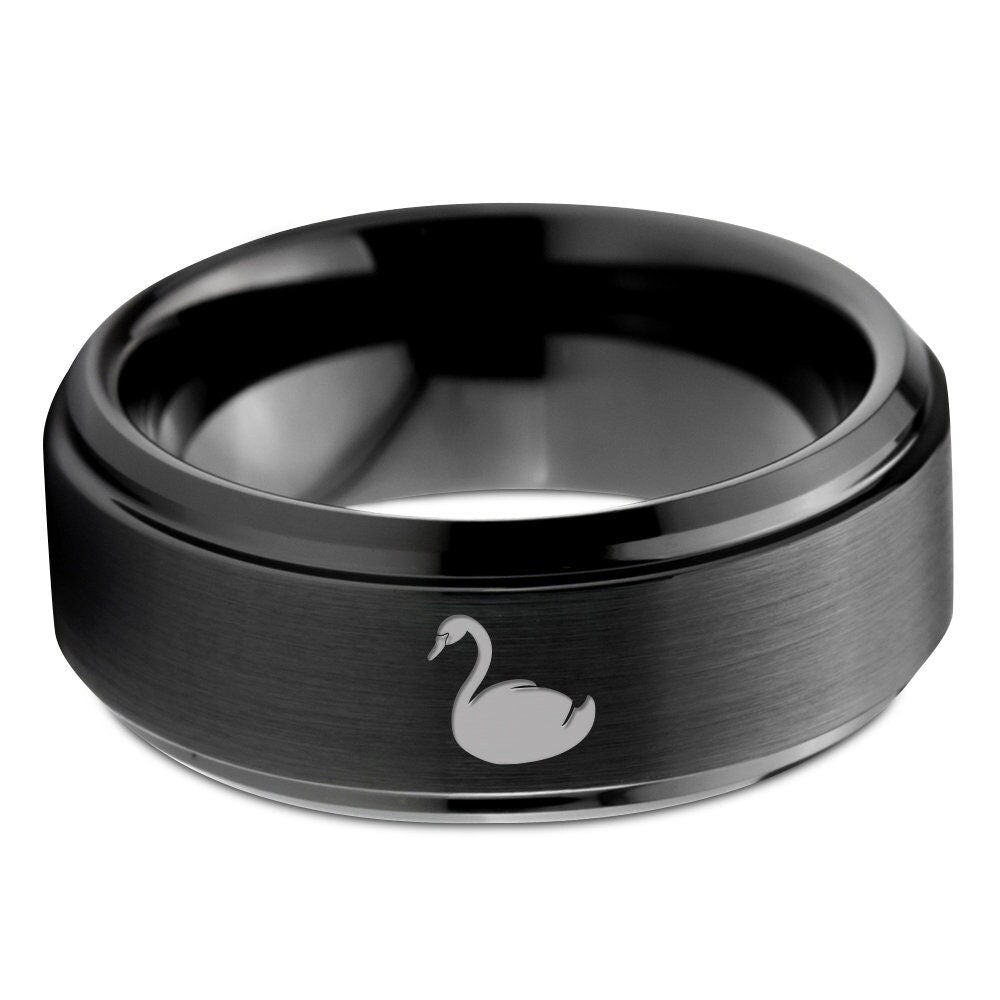 Swan Ring | Men Pagoda Wedding Band | Tungsten Carbide Ring | Custom Engraved Black Ring | His and Her Gift | Free Shipping