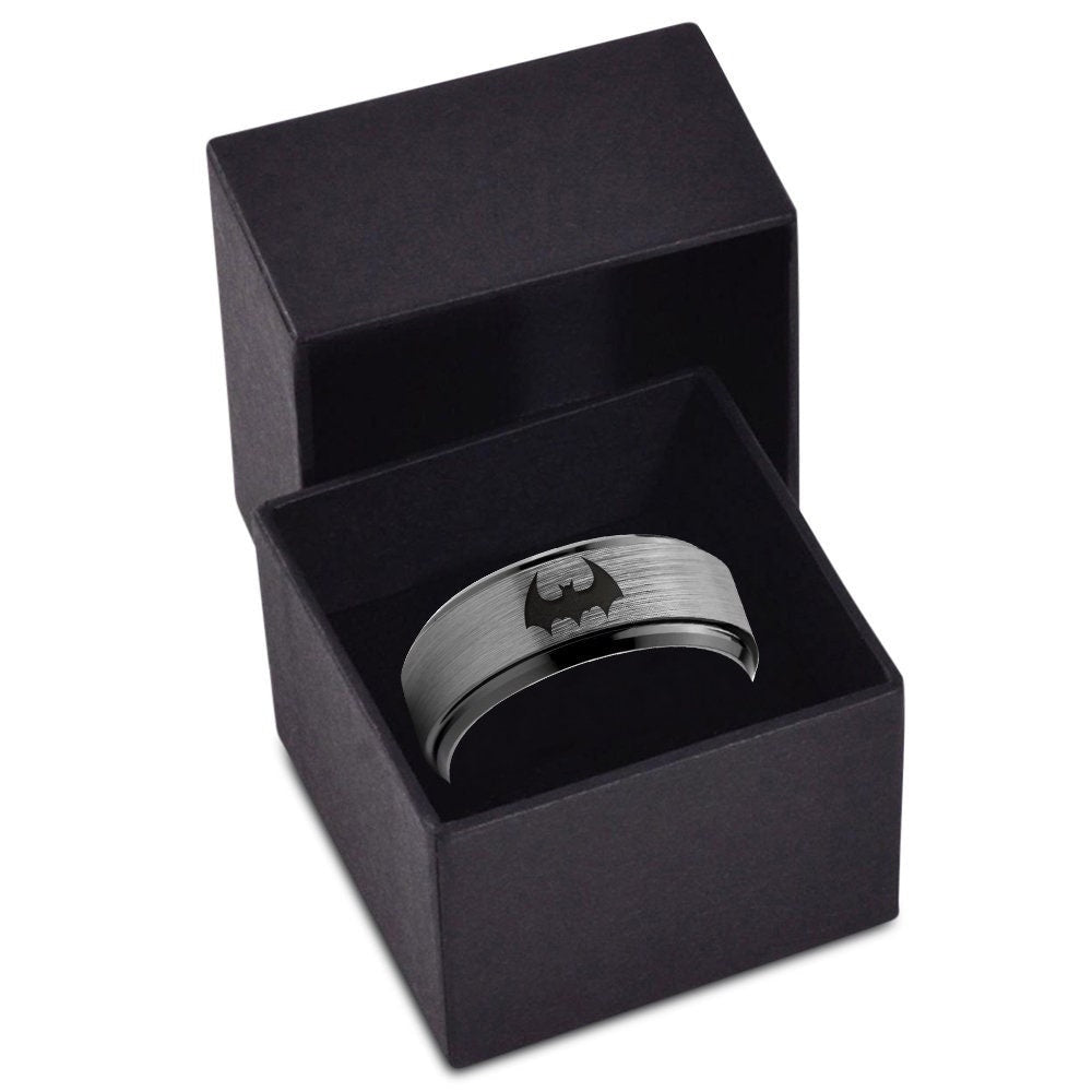 Flying Bat Ring - Bat Bird Ring - Grey Wedding Band Sets For Him and Her - Engraved Ring - Black Tungsten Rings For Men - Free Shipping