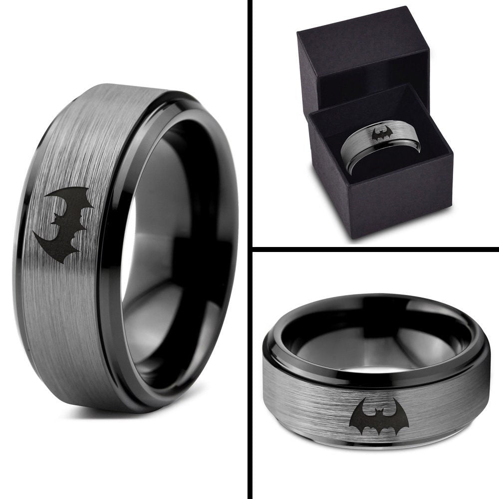 Flying Bat Ring - Bat Bird Ring - Grey Wedding Band Sets For Him and Her - Engraved Ring - Black Tungsten Rings For Men - Free Shipping