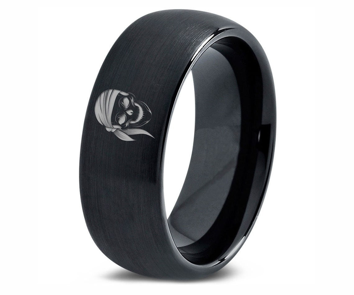 Skull Skeleton Bandana Ring - Halloween Gifts - Mens Dome Wedding Band - Black Brushed Tungsten Ring Ring - His and Her Ring - Engraved Ring