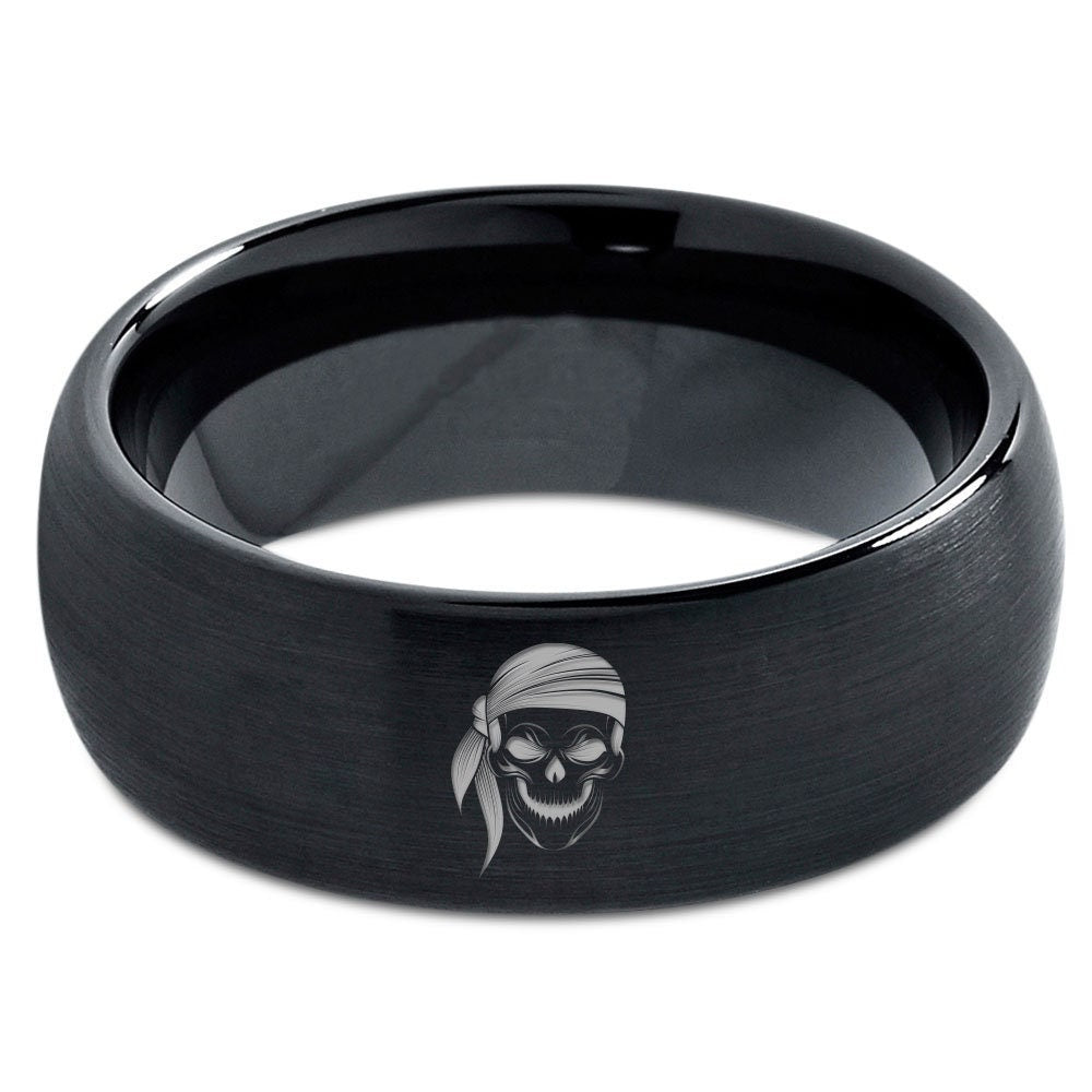 Skull Skeleton Bandana Ring - Halloween Gifts - Mens Dome Wedding Band - Black Brushed Tungsten Ring Ring - His and Her Ring - Engraved Ring