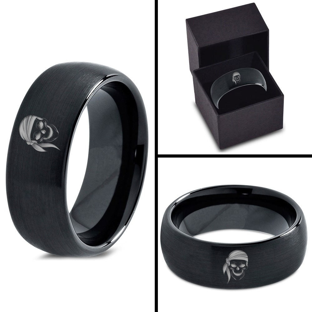 Skull Skeleton Bandana Ring - Halloween Gifts - Mens Dome Wedding Band - Black Brushed Tungsten Ring Ring - His and Her Ring - Engraved Ring