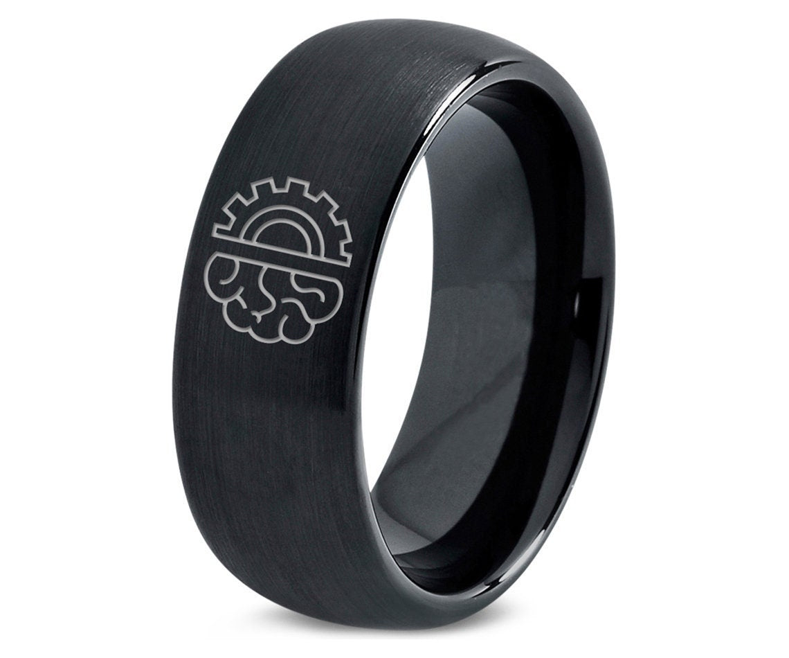 Brain And Gear Ring | Modern Technology Ring | Womens Black Wedding Band | Men'S Tungsten Ring | Black Rings For Me | Ring Gifts For Him Set