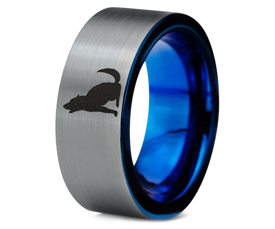 Engraved Ring | Forest Wolves Ring | Wolf Howling Ring | Ladies Wedding Band Blue | Silver Tungsten Rings For Men | Anniversary Gifts | 8mm